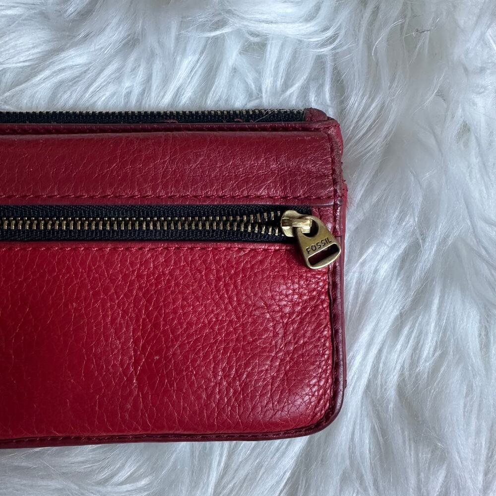 Vintage Fossil Preston Two Tone Red Pebble Leather Bifold Clutch Wallet Zip Snap - Picture 3 of 5